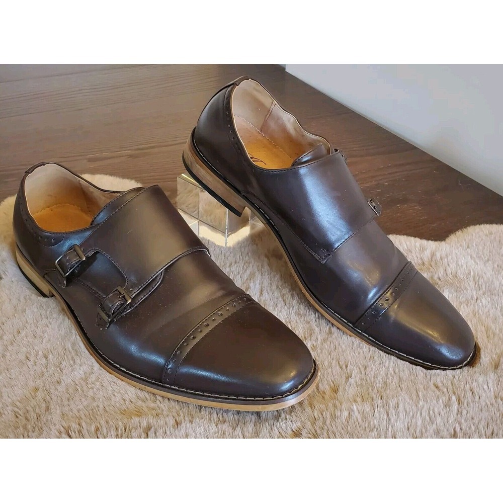 Amali Men's Maroon Leather Baker Double Monk Straps Fashion Shoes Size 10